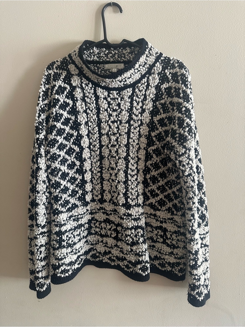 Solitaire Black & White Cowl Neck Textured Knit Sweater